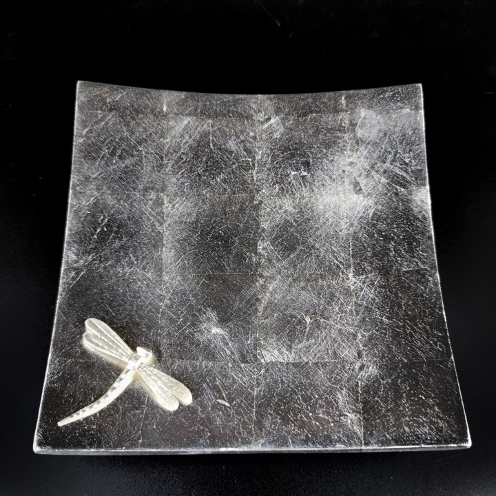 Silver square lacquer tray attached with dragonfly 18 cm